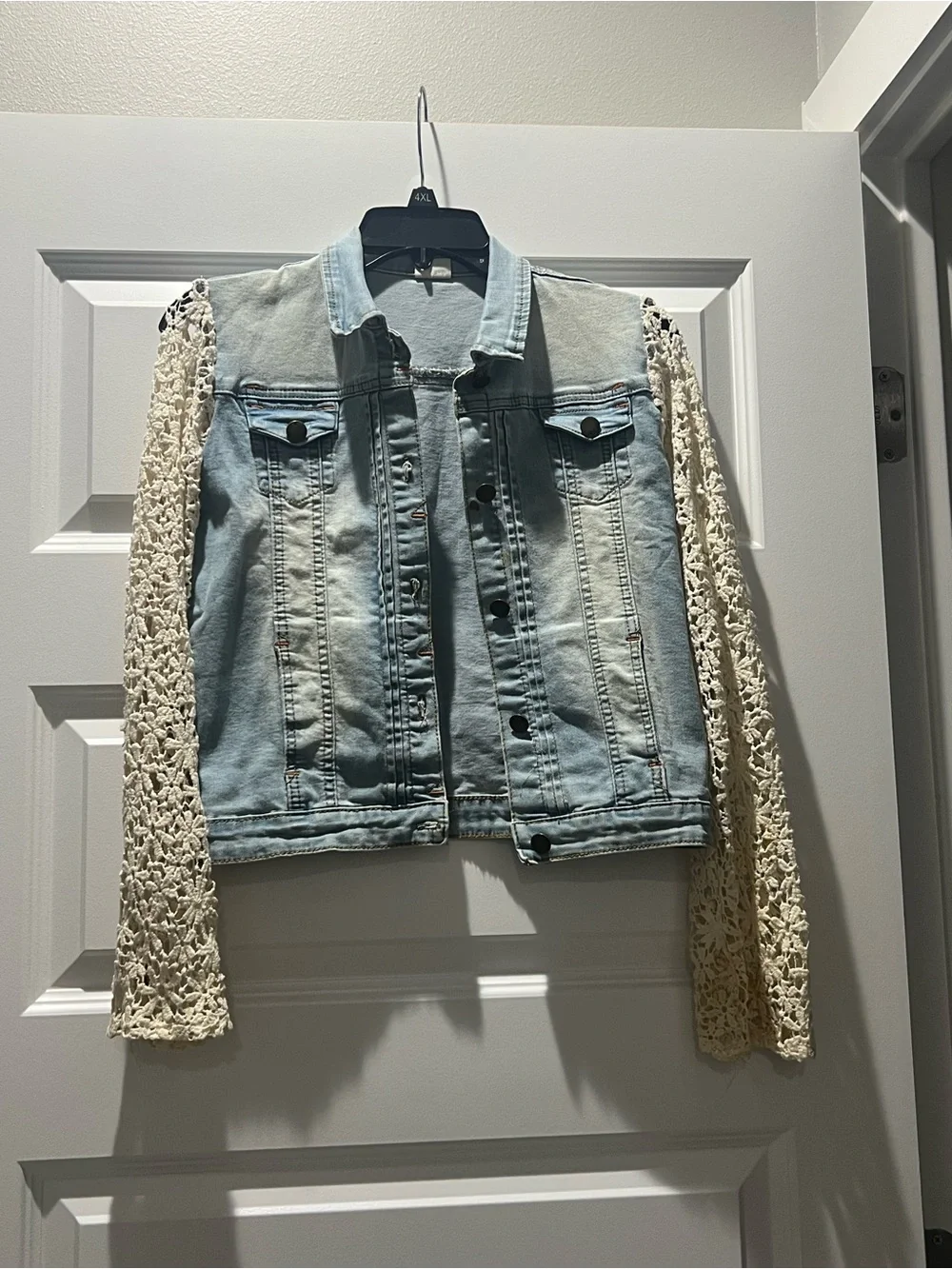 M.L. Kids Light Wash Denim Jacket with Cream Crochet Sleeves
